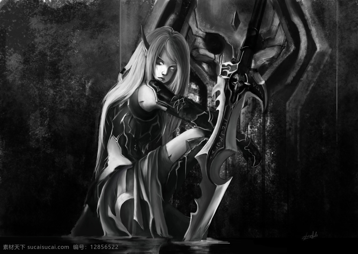 血精灵 精灵 魔兽 神秘 洞窟 刀刃 黑白色 魔兽专题 动漫动画