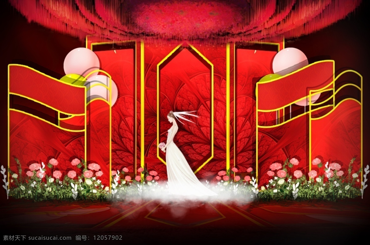 红 金 层次 深度 婚礼 吊顶 气球 花艺 几何 红金 多层次 顶部造型 婚礼效果图