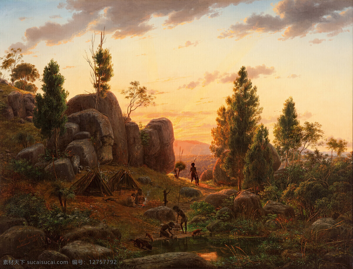 德国画家 科加米特湖 太阳升起 原始部落 19世纪油画 油画 文化艺术 绘画书法