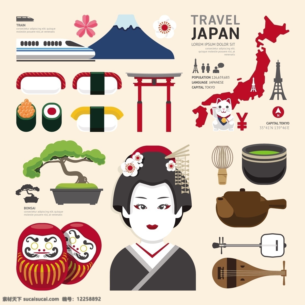 日本文化 元素 日本旅游 旅游景点 著名景点 富士山 寿司 和服美女 日本料理 招财猫