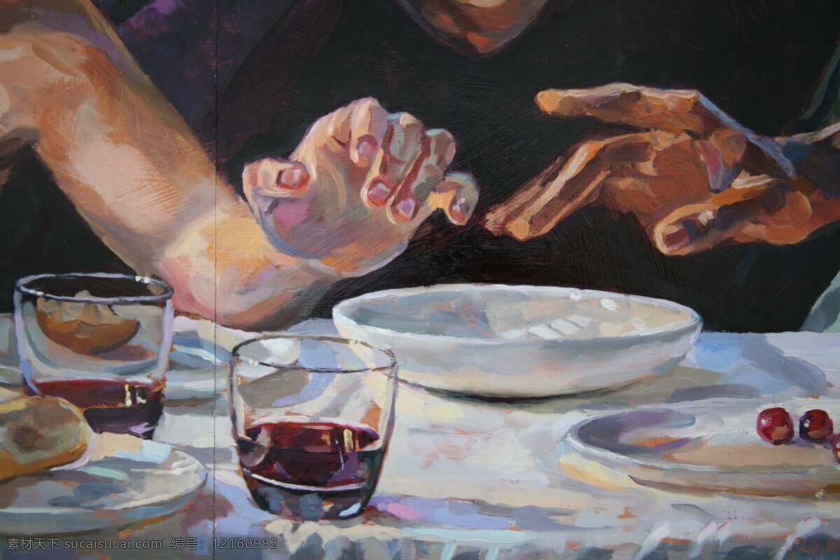 杯子 餐桌 绘画 绘画书法 盘子 手 手指 油画 设计素材 手模 板 油画手 艺术 文化艺术 矢量图 日常生活