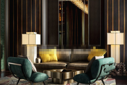 现代 酒店 门厅 沙发椅子 组合 时尚 沙发 墨绿色 皮质 落地台灯