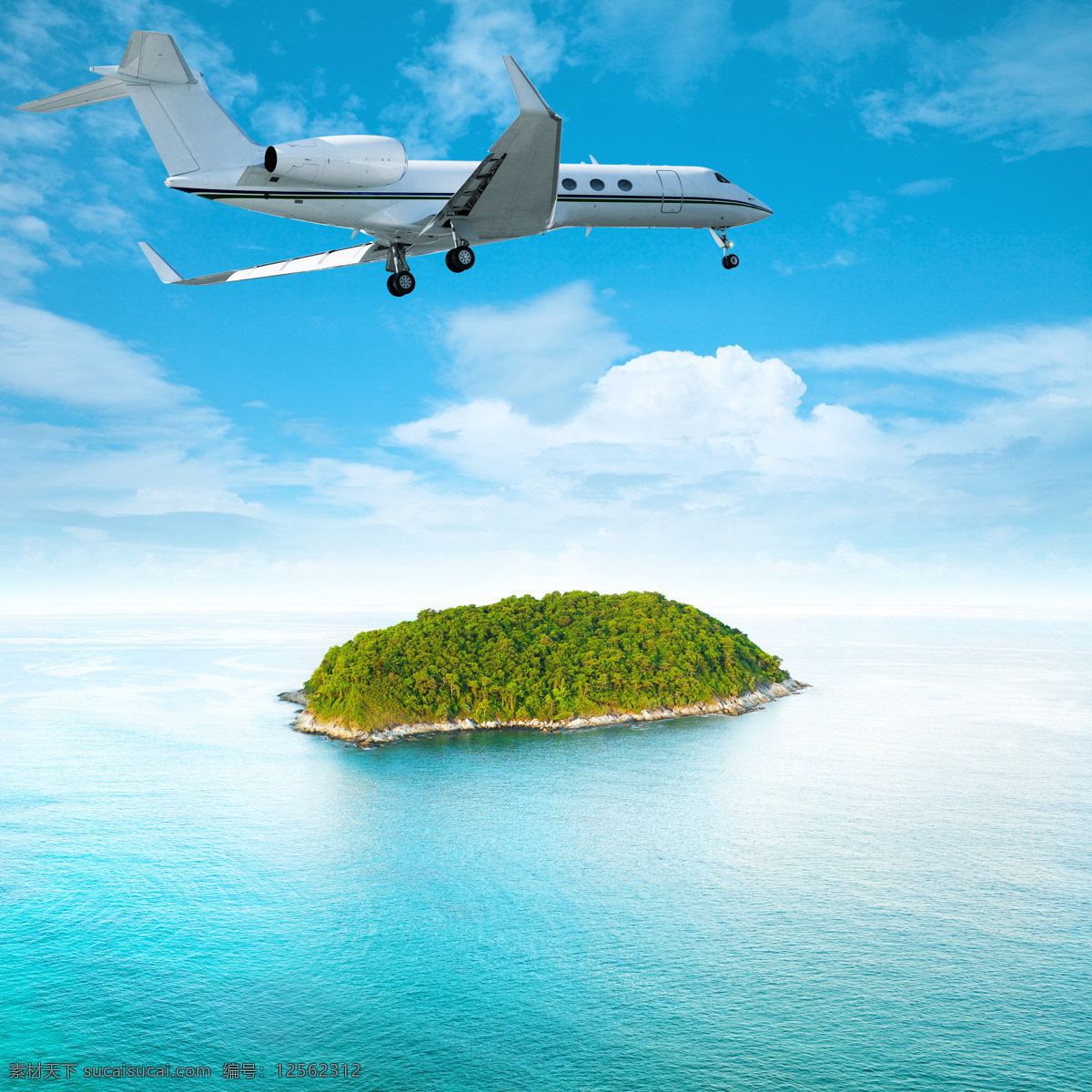 大海 上边 飞行 飞机 蓝天 白云 岛屿 树 客机 旅游 其他类别 环境家居