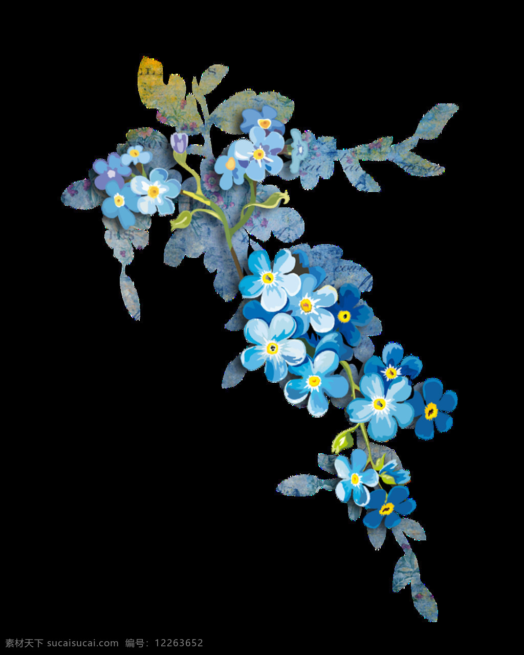 水墨 花卉 透明 装饰 png素材 逼真 花朵 简约 蓝色 免扣素材