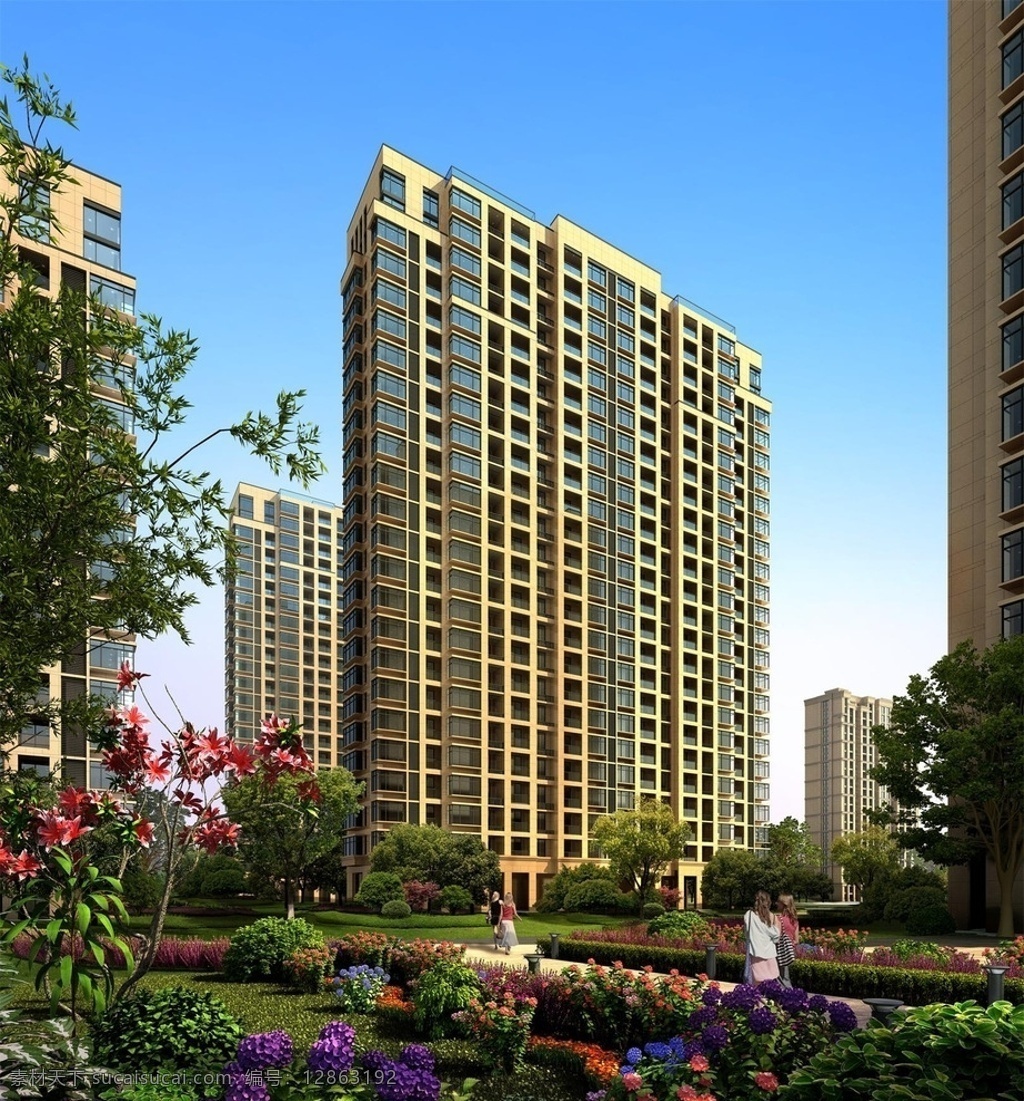 透视 小区 内部 建筑 效果图 景观 绿化 透视图 三维 环境设计 建筑设计