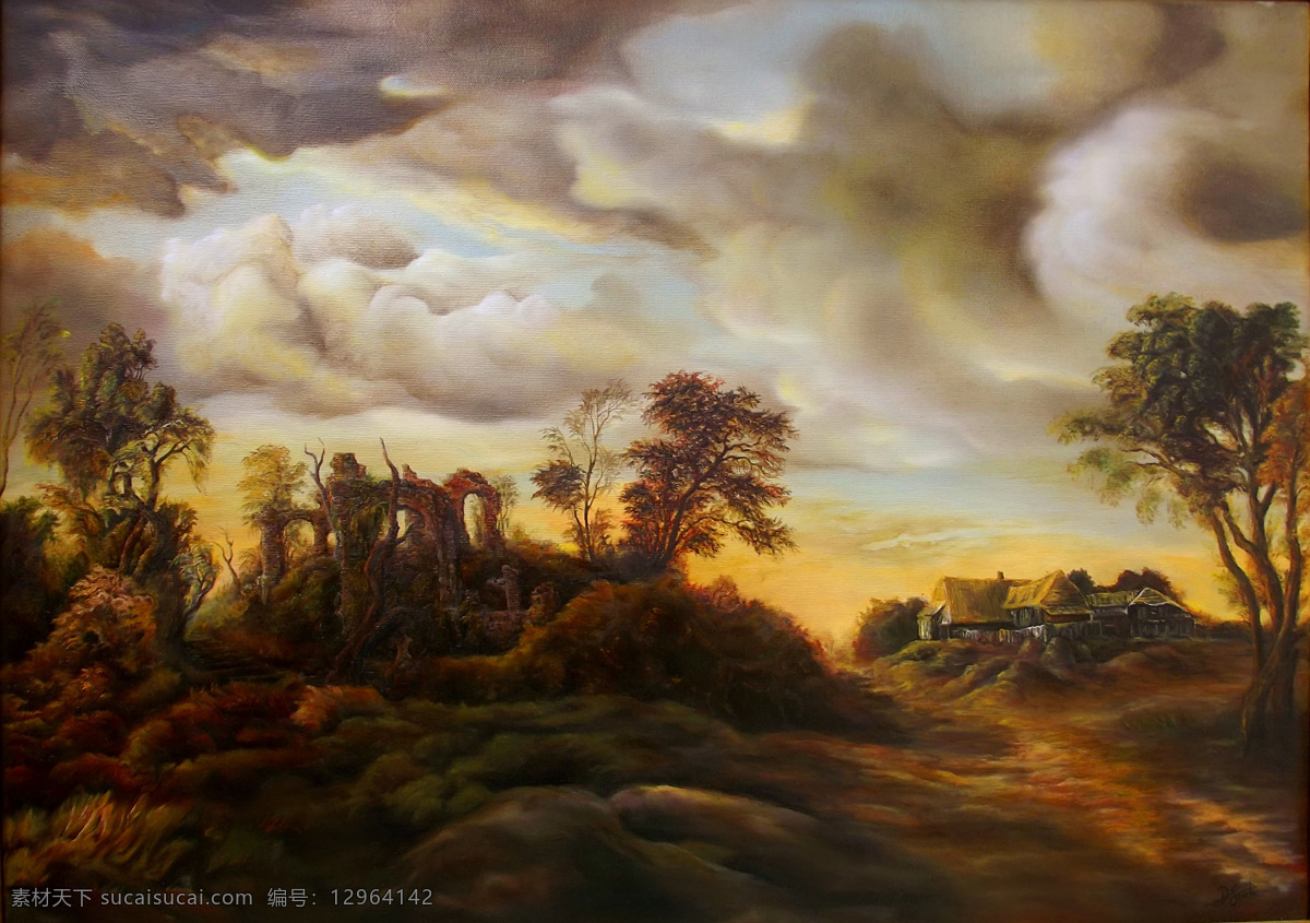 村落 村庄 风景 风景画 风景油画 复古风格 挂画 绘画 油画 中世纪 设计素材 模板下载 中世纪村庄 油画风景 艺术 油画艺术 古风油画 复古油画 木屋 破屋 树木 天空 西方油画 景色 欧美油画 油画作品 绘画书法 文化艺术 家居装饰素材 山水风景画