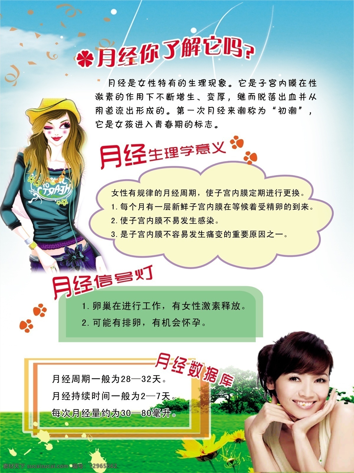 月经 了解 生理学 意义 月经信号灯 月经数据库 天蓝色背景 卡通美女 展板模板 怀孕常识 展板背景 广告设计模板 源文件