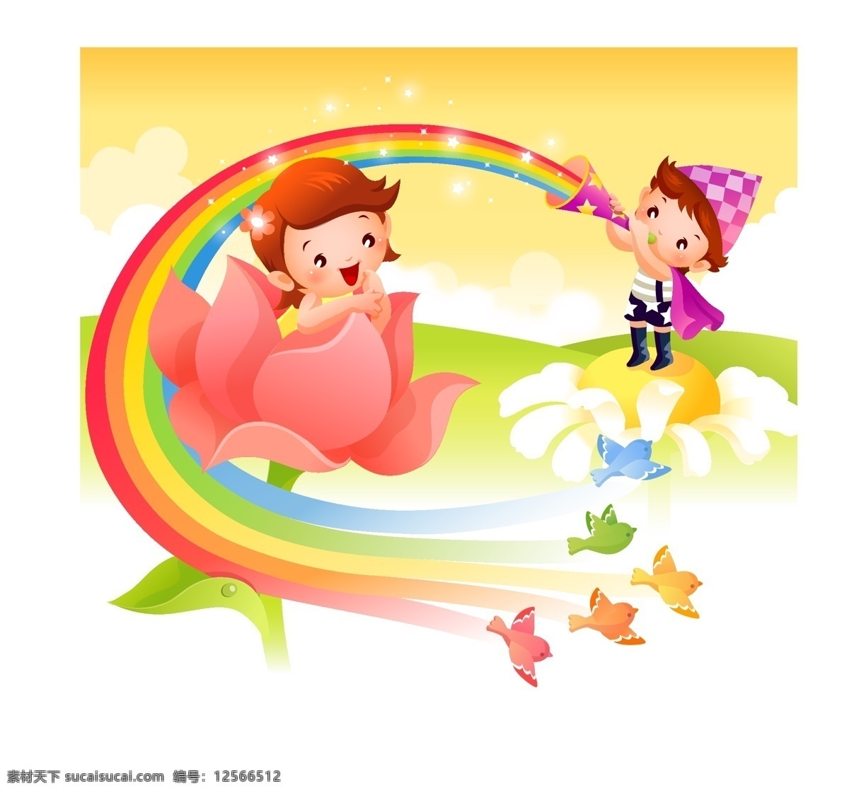 彩虹和花朵 童话 插画 彩虹 花朵 白色