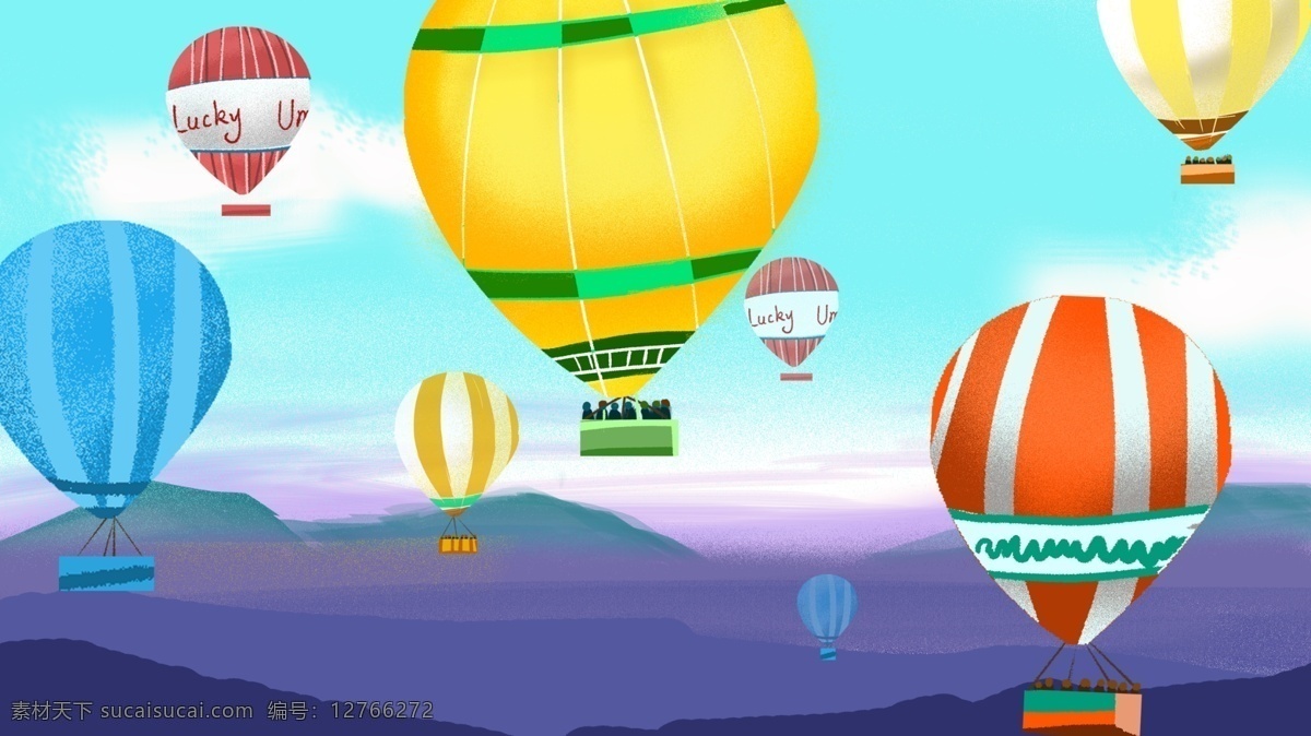 五彩 热气球 国度 旅游出行 插画 旅行 天空 飞翔 原创 假日 风光 色彩靓丽 尺量 可商用