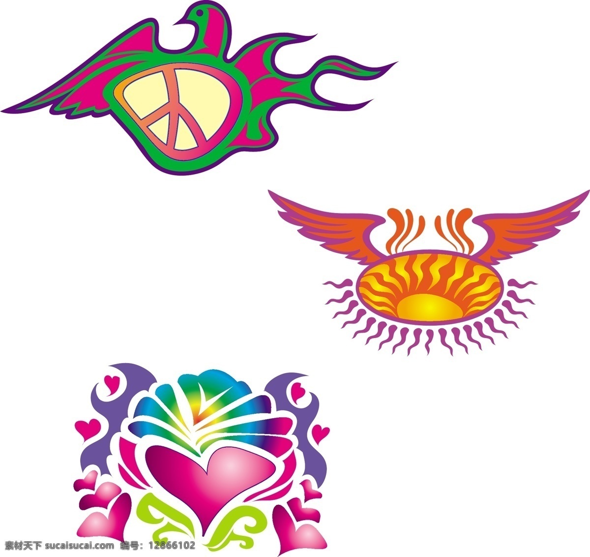 组 鸟 翅膀 心形 图形 元素 装饰图案 彩色 多样 图形形状 平面素材 设计素材
