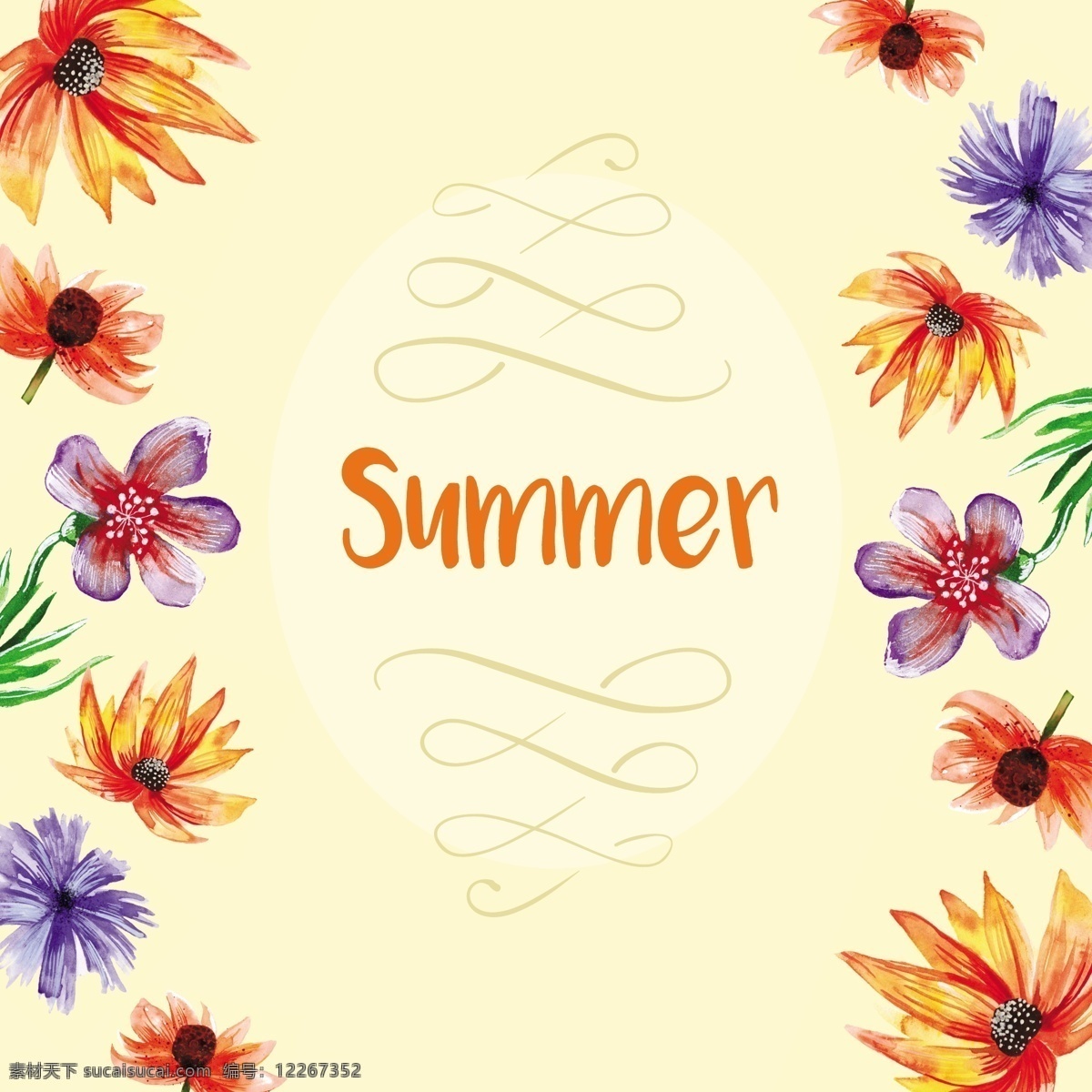 手绘夏天背景 背景 花卉 夏季 水彩 鲜花 手 海滩 油漆 壁纸 度假 热带 夏天 沙滩 节假日 手绘