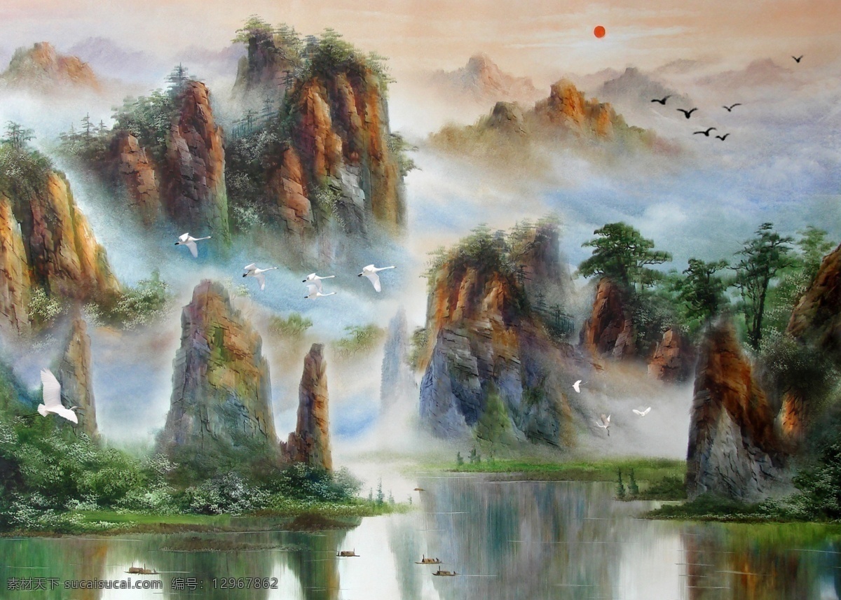 分层 碧水 朝霞 船 大山 大雁 风景 风景画 油画风景 漂亮 山水 油画 模板下载 山水画 山水油画 油画山水 风景油画 瀑布 流水 河流 划船 树 树林 红叶树 松树 鲜花 仙鹤 远山 石头 太阳 霞光 祥云 云彩 世外桃园 奇山异水 人间仙境 方 画 源文件 家居装饰素材 山水风景画