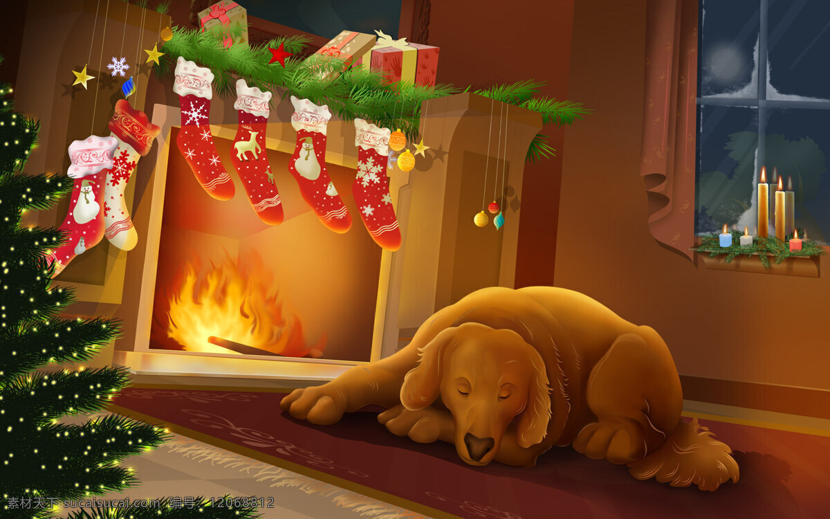 圣诞 壁纸图片 背景 圣诞树 圣诞袜 大狗 睡觉大狗 炉火 炉灶 背景图片