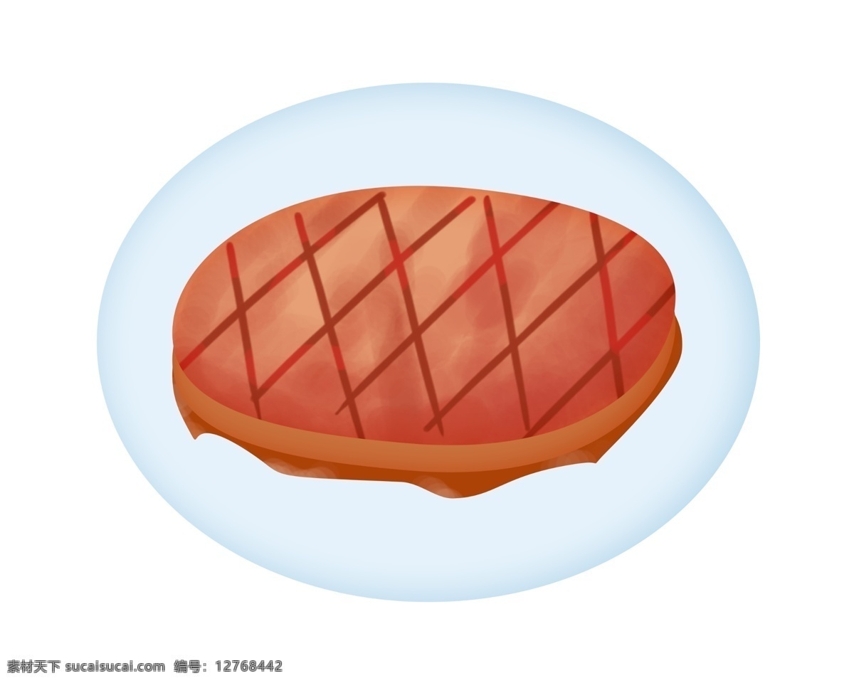 美味 食物 牛排 插画 红色的牛排 美味的牛排 卡通插画 西餐插画 肉类插画 肉食插画 蓝色的盘子