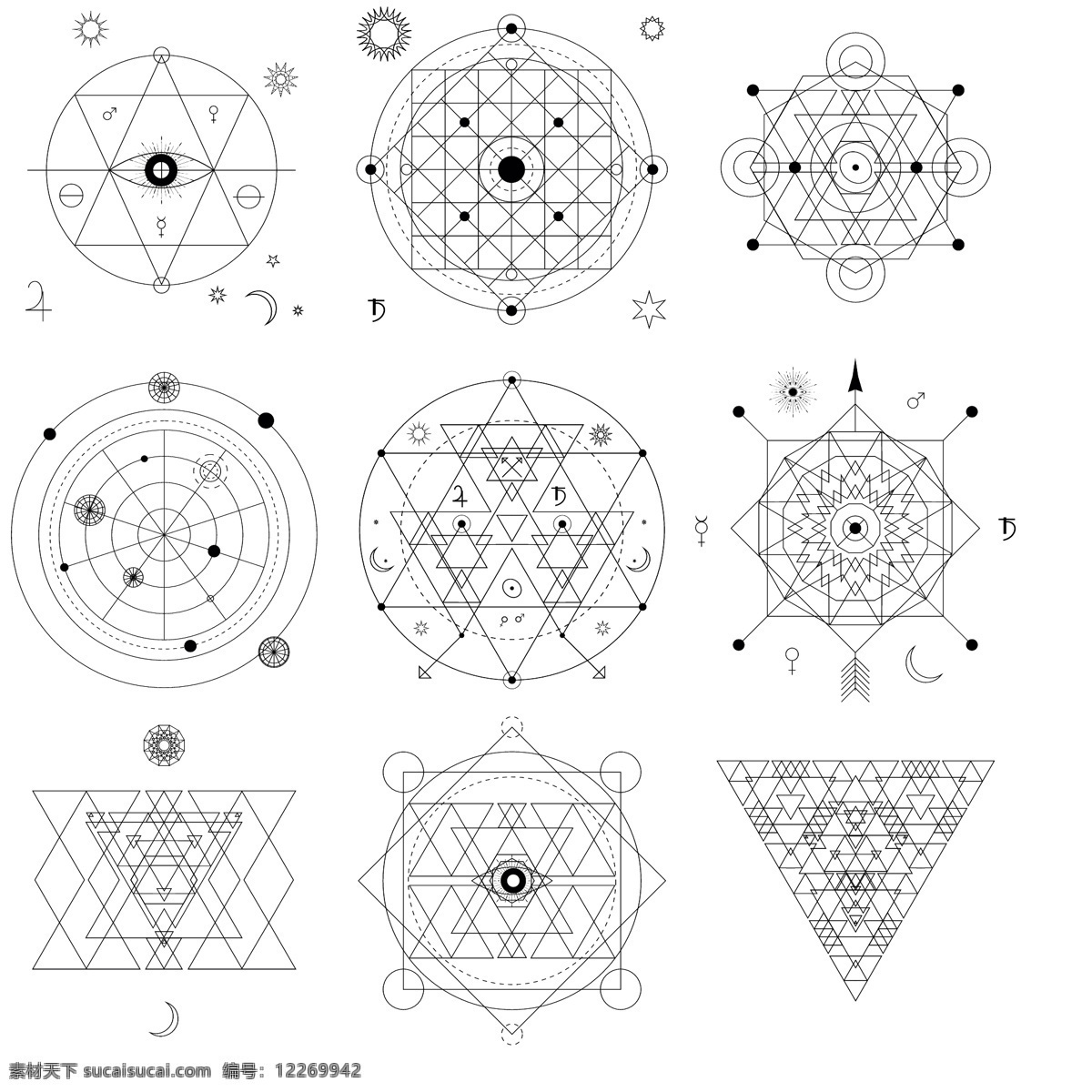 圆形 三角形 几何 多边形 创意 法 阵 矢量 星辰 线条 法阵 点状 黑白