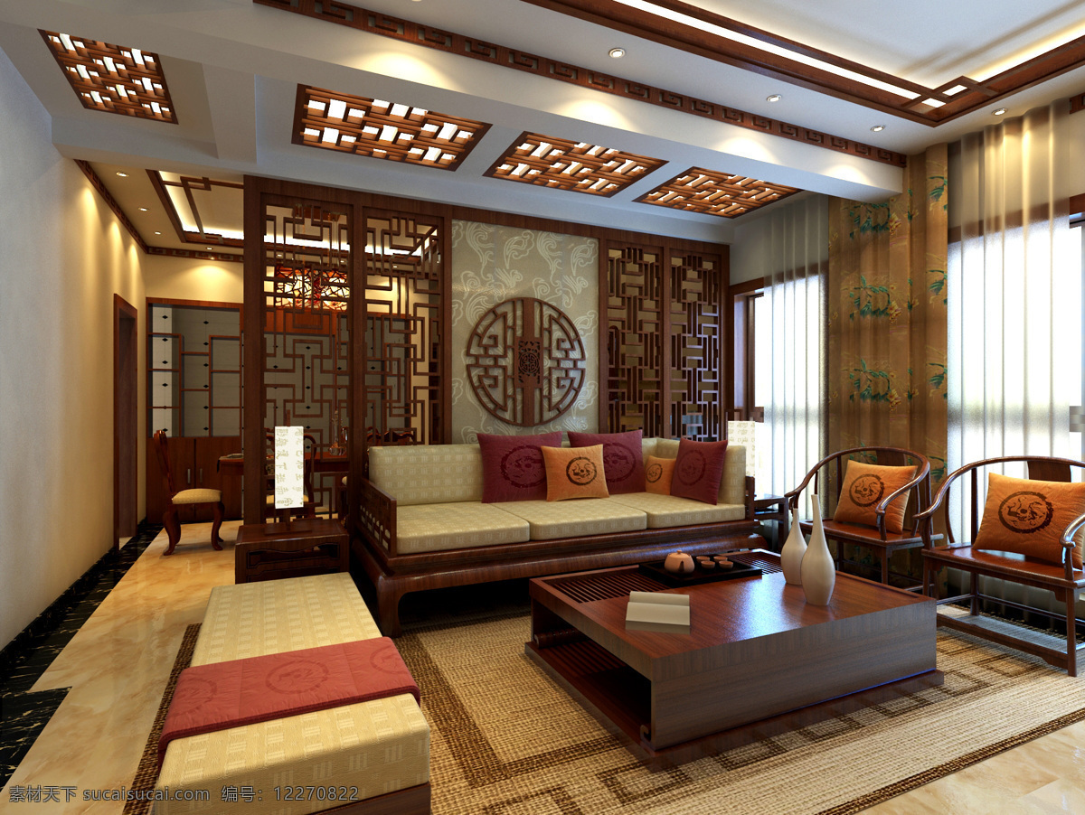 中式效果图 别墅 复式楼 沙发背景 吊顶 室内设计 环境设计
