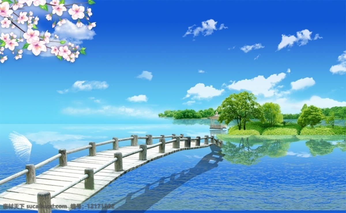 湖畔风光 湖畔 小桥 桃花 蓝天 白云 树
