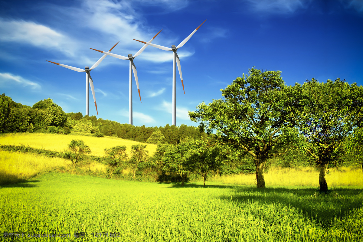 草地上的风车 太阳能板 绿色 环保 蓝天 白云 输电塔 太阳能 风车 风力 电站 绿色能源 生态环保 现代科技 工业生产