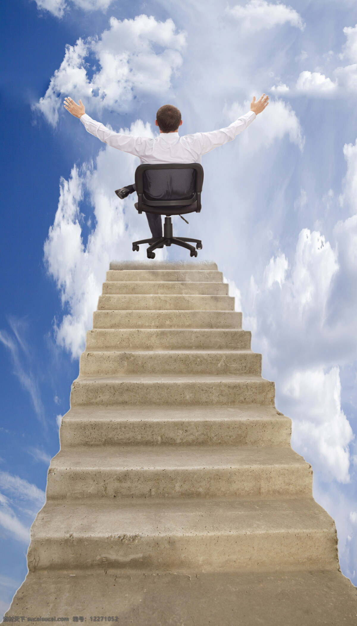 坐 男人 空中 阶梯 坐着的男人 空中阶梯 蓝天 白云 云朵 现代商务 商务金融