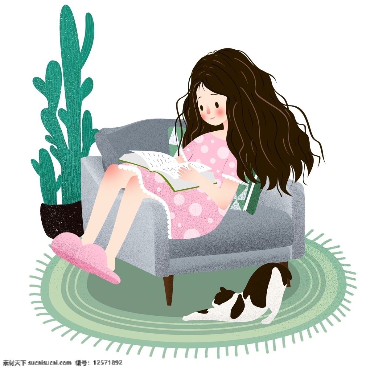 六一儿童节 童年 回忆 插画 手绘 沙发 猫 女孩 坐姿 看书 可爱 夏天 地毯 仙人掌