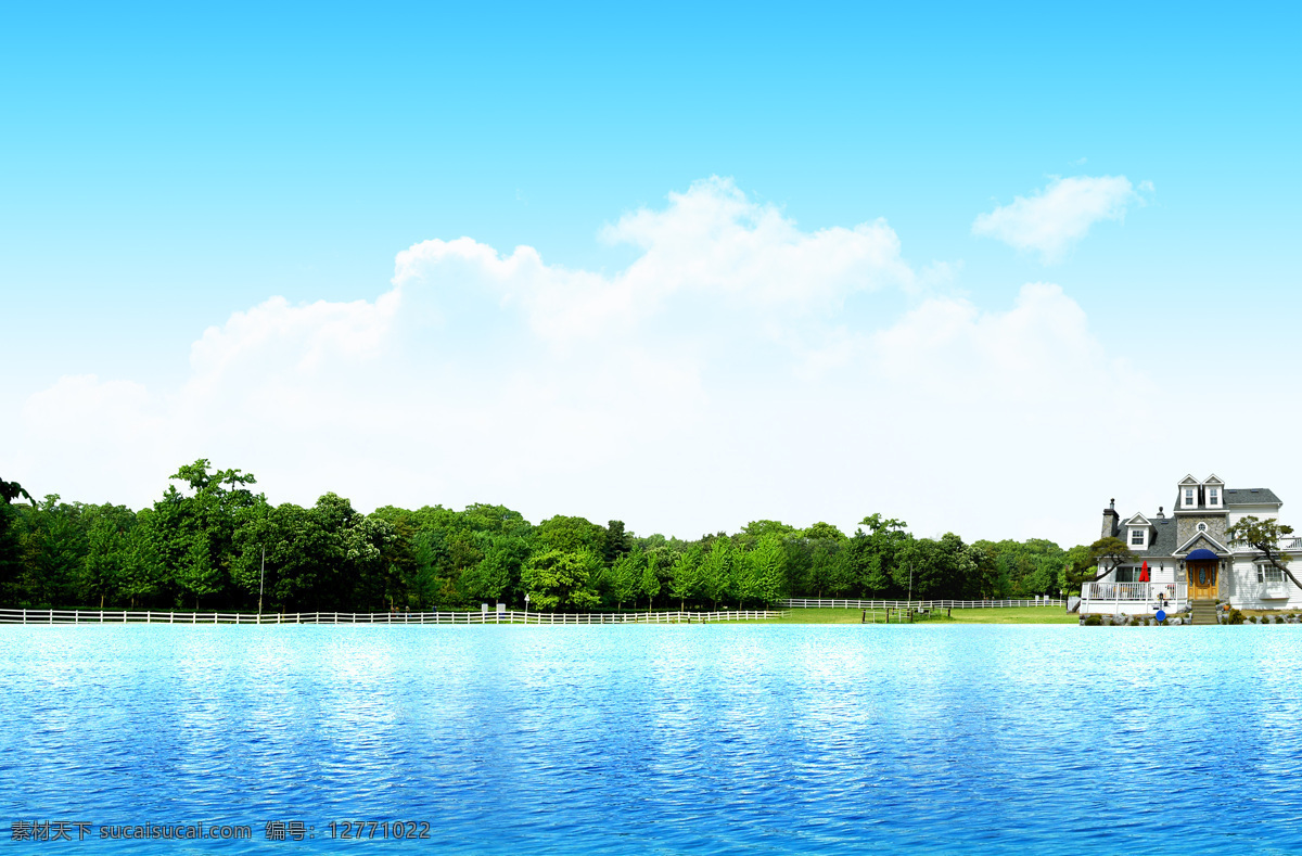 蓝天 树林 水 自然景观 自然风景 摄影图库