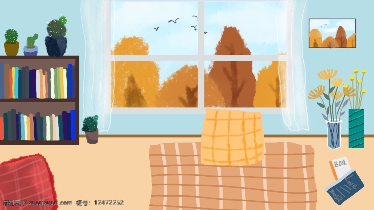 秋季 居家 休闲 生活 背景 居家背景 温馨背景 室内插画 沙发 桌子 居家生活插画 生活插画背景