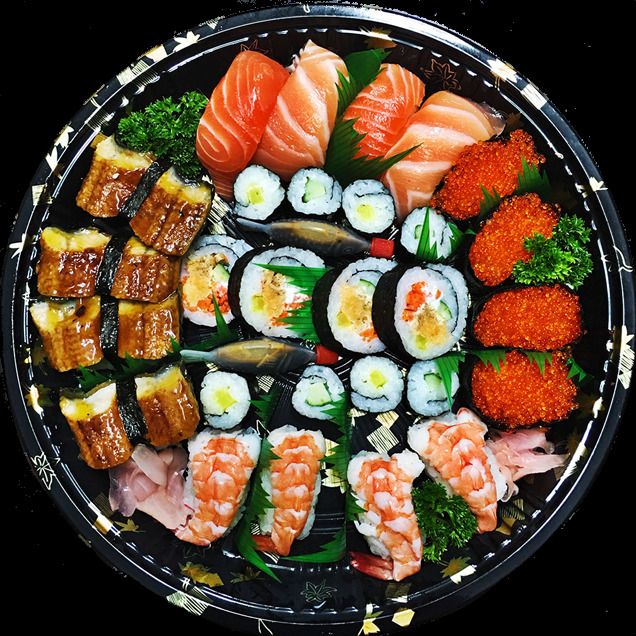 鲜美 圆形 寿司 拼盘 料理 美食 产品 实物 产品实物 黑色餐盒 日式料理 日式美食 三文鱼