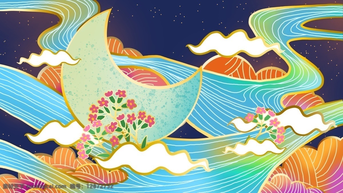 五彩 祥云 月亮 卡通 背景 花朵 叶子
