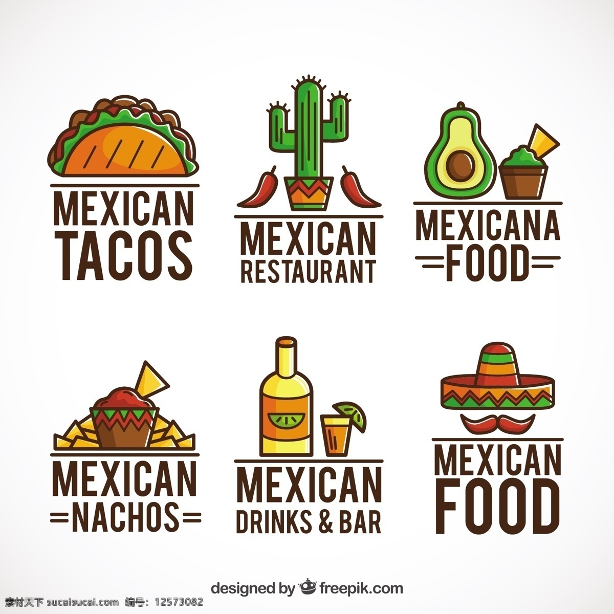 墨西哥 食品 标识 集合 概要 商业 菜单 餐厅 鸡 帽子 企业 公司 品牌 胡子 蔬菜 企业形象 吃 符号 身份 仙人掌 白色