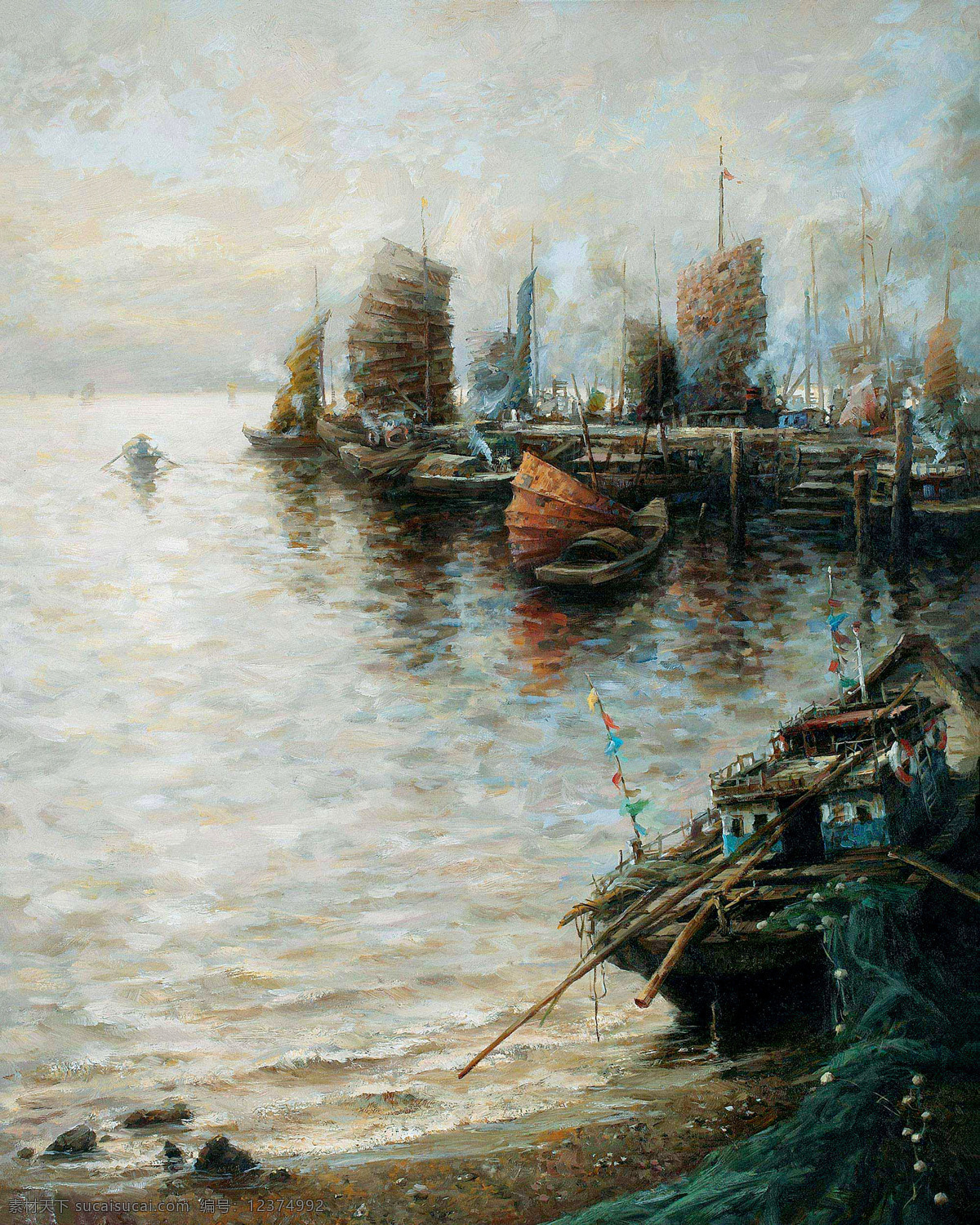 海 巷 船只 风景画 海湾 绘画书法 码头 美术 文化艺术 油画 油画艺术 油画作品38 家居装饰素材