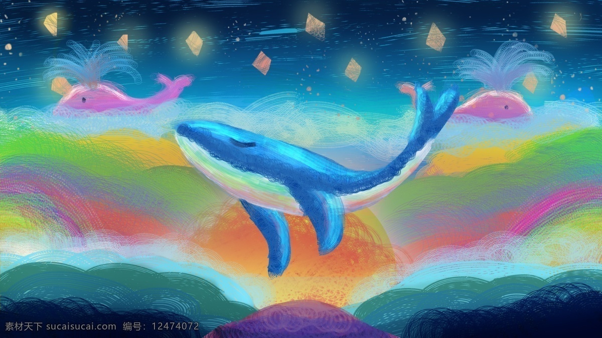 线圈 印象 治愈 奇妙 星空 鲸鱼 插画 童话 可爱 海洋 星星 线圈印象
