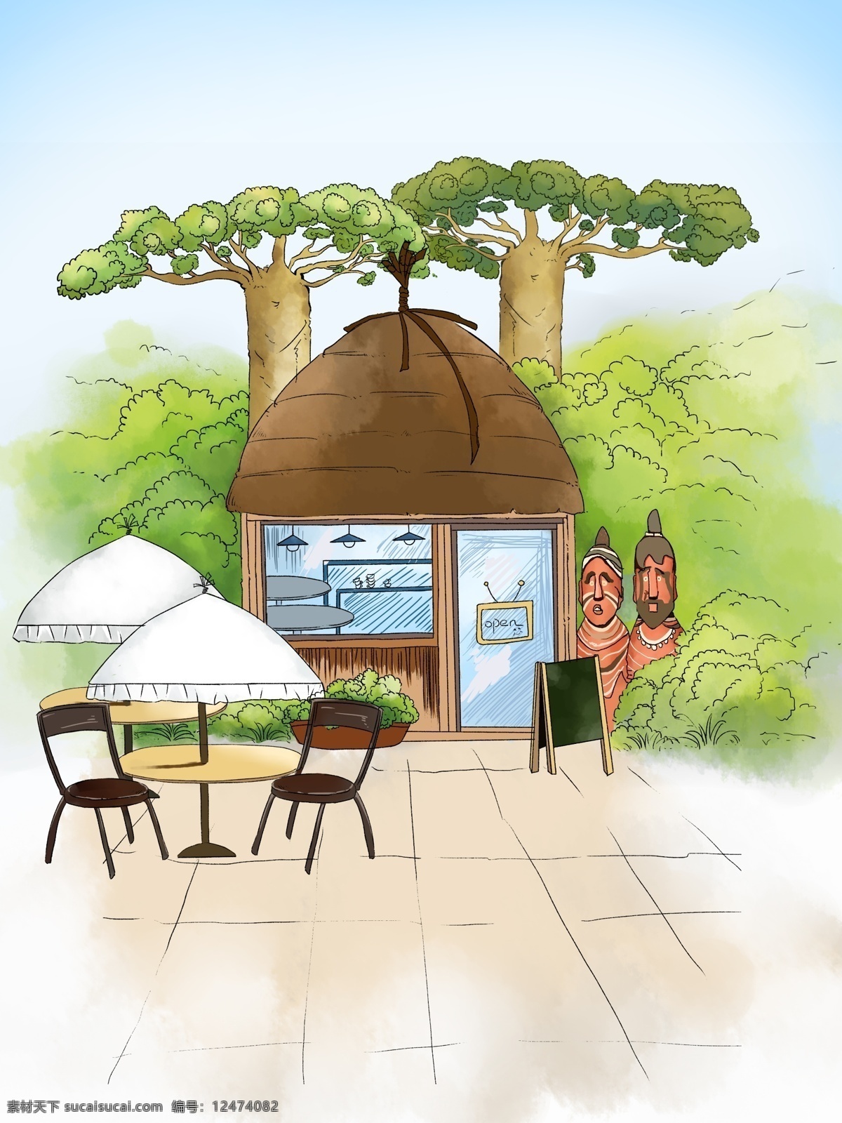 埃塞俄比亚 风格 咖啡屋 小 清新 树林 插画 茅草屋 森林 雨林 小清新手绘