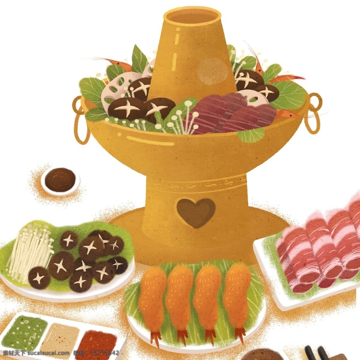 卡通 手绘 火锅 大餐 美食 元素 插画 铜锅 食物