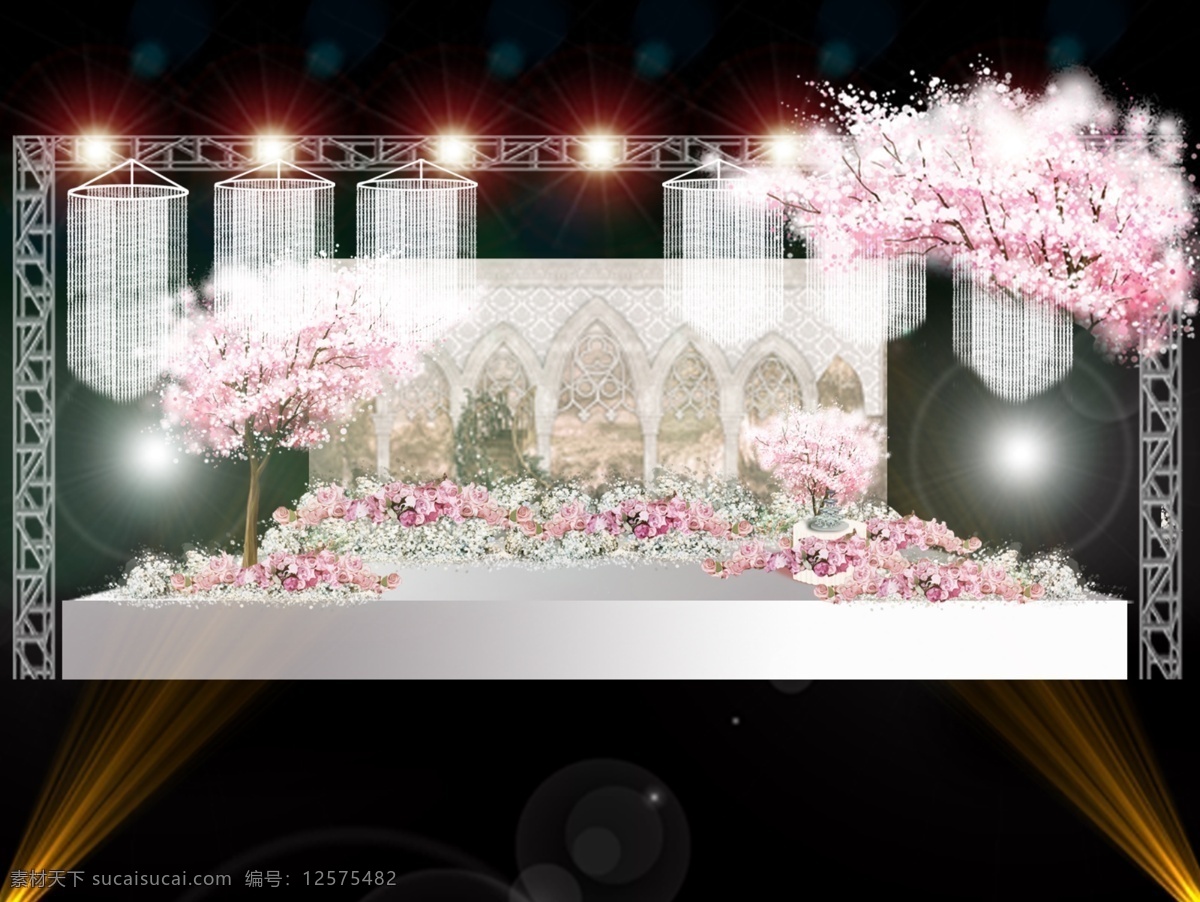 粉色 婚礼 舞台 背景 粉色樱花树 大气 线帘元素 樱花 主题 舞台设计 鲜花 仿真花 造型 欧式 拱门