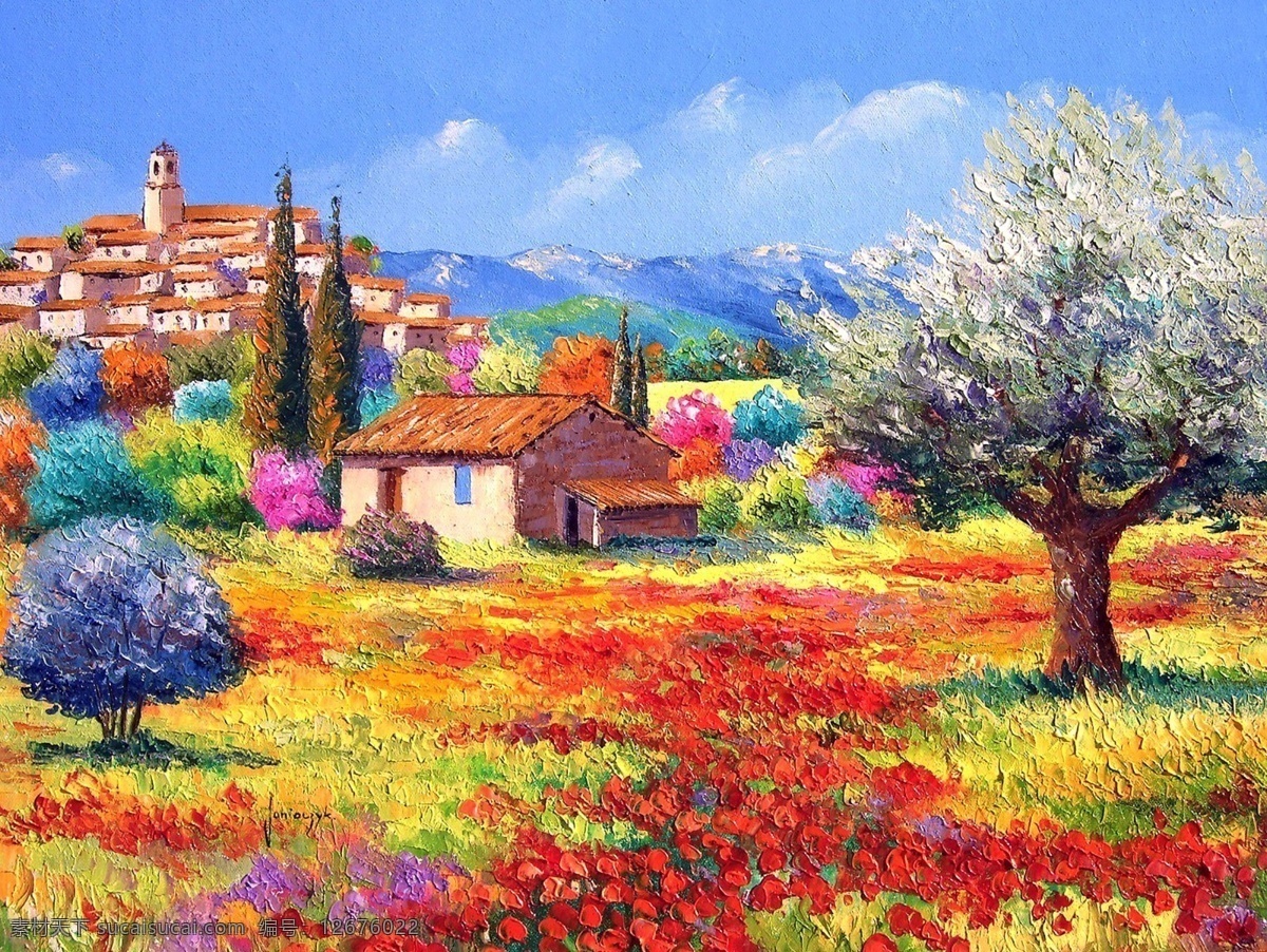 法国田园 文化艺术 绘画书法 油画风景 油画田园 树 花草 房子