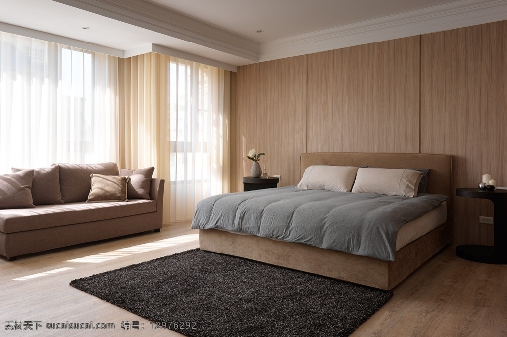简约 时尚 卧室 飘 窗 装修 效果图 浅色木地板 床铺 灰色地毯 方形吊顶 灰色墙壁 黄色窗帘