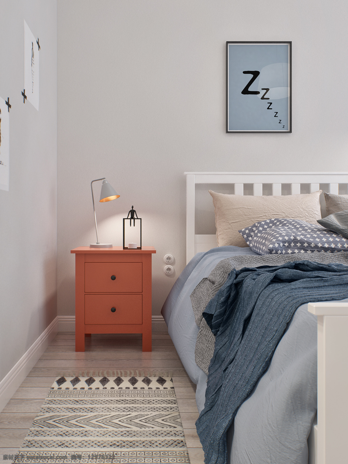 简约 时尚 卧室 壁画 装修 效果图 床铺 床头柜 灰色墙壁 浅色木地板 台灯