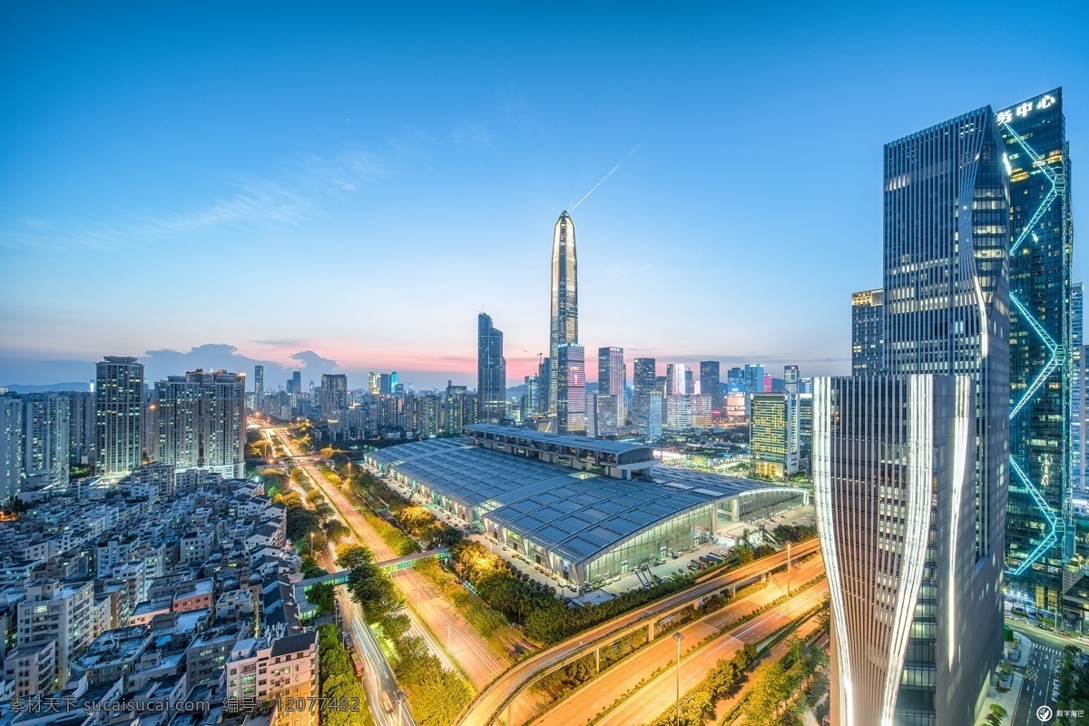 深圳 黄昏 道路 车流 国展中心 摩天大厦 建筑群 万家灯火 天空 红光 景观 旅游摄影 国内旅游
