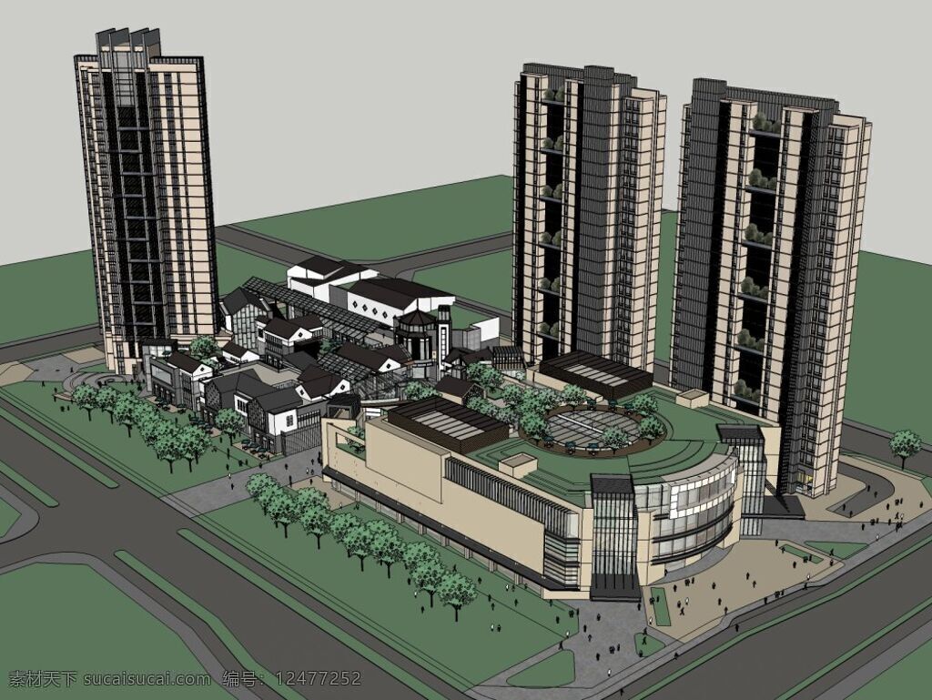 综合商住楼 建筑 外观 高楼 综合 商住楼 skp 灰色