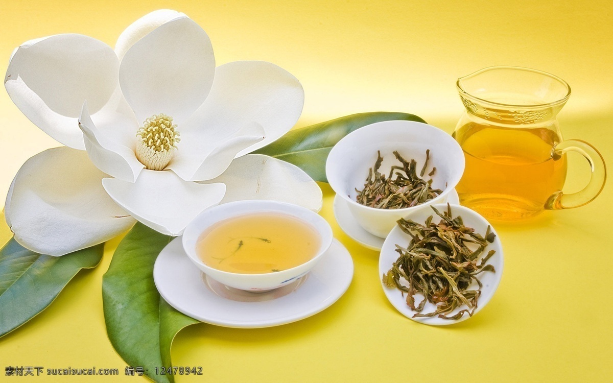 茉莉花茶 茉莉花 杯子 茶壶 黄色背景 餐饮美食