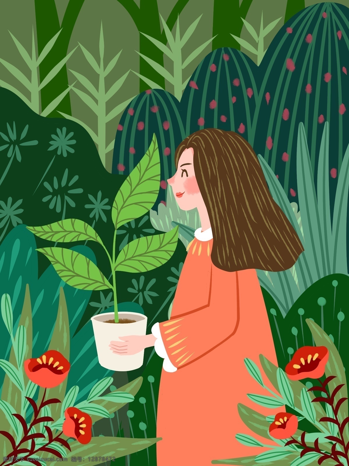 植物 花卉 站 丛中 捧 少女 插画 绿色 花朵 灌木 屏幕 森系 手机屏 盆栽 长裙