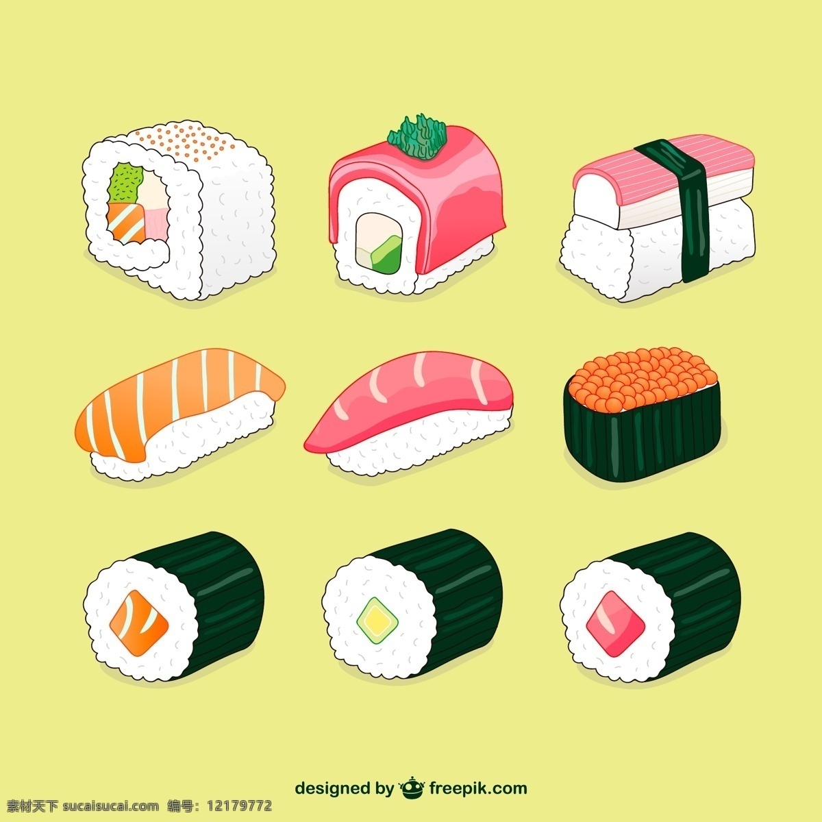 美味日式寿司 反卷寿司 日式料理 寿司 蟹籽寿司 花寿司 寿司卷 三文鱼 矢量图 ai格式 标志图标 其他图标