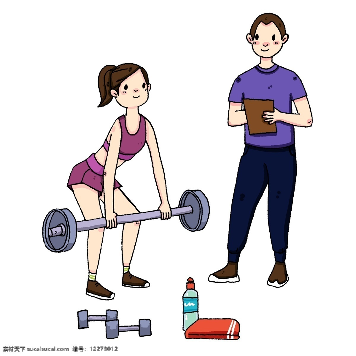手绘 健身 举重 插画 卡通插画 手绘健身插画 健身运动插画 举重的女孩 帅气的教练 红色的毛巾