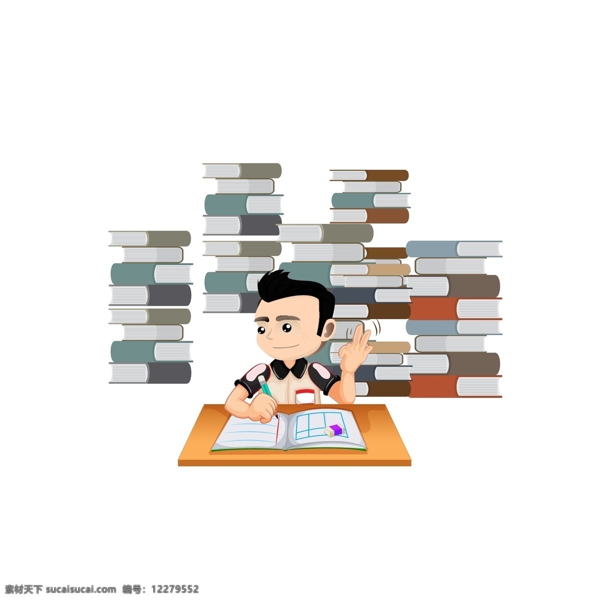 书桌 前 学习 学生 元素 人物 矢量人物 卡通 复习 学习的场景 学习的学生 书 书籍 手绘人物 场景