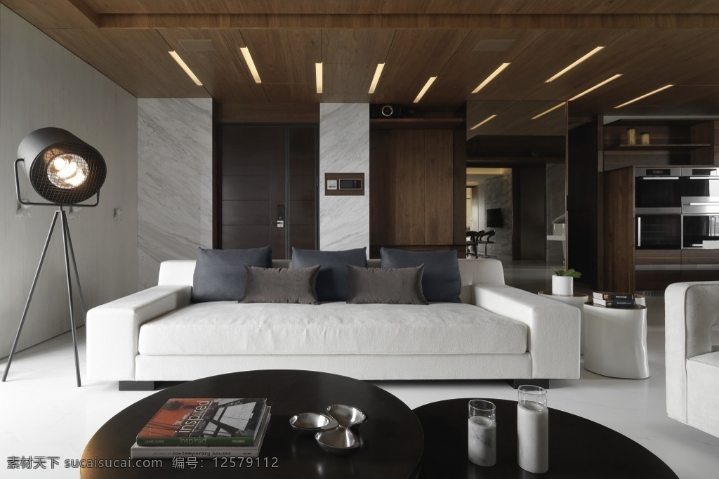 简约 时尚 客厅 圆形 餐桌 装修 效果图 木质吊顶 台灯 白色地板砖 灰色墙壁 沙发