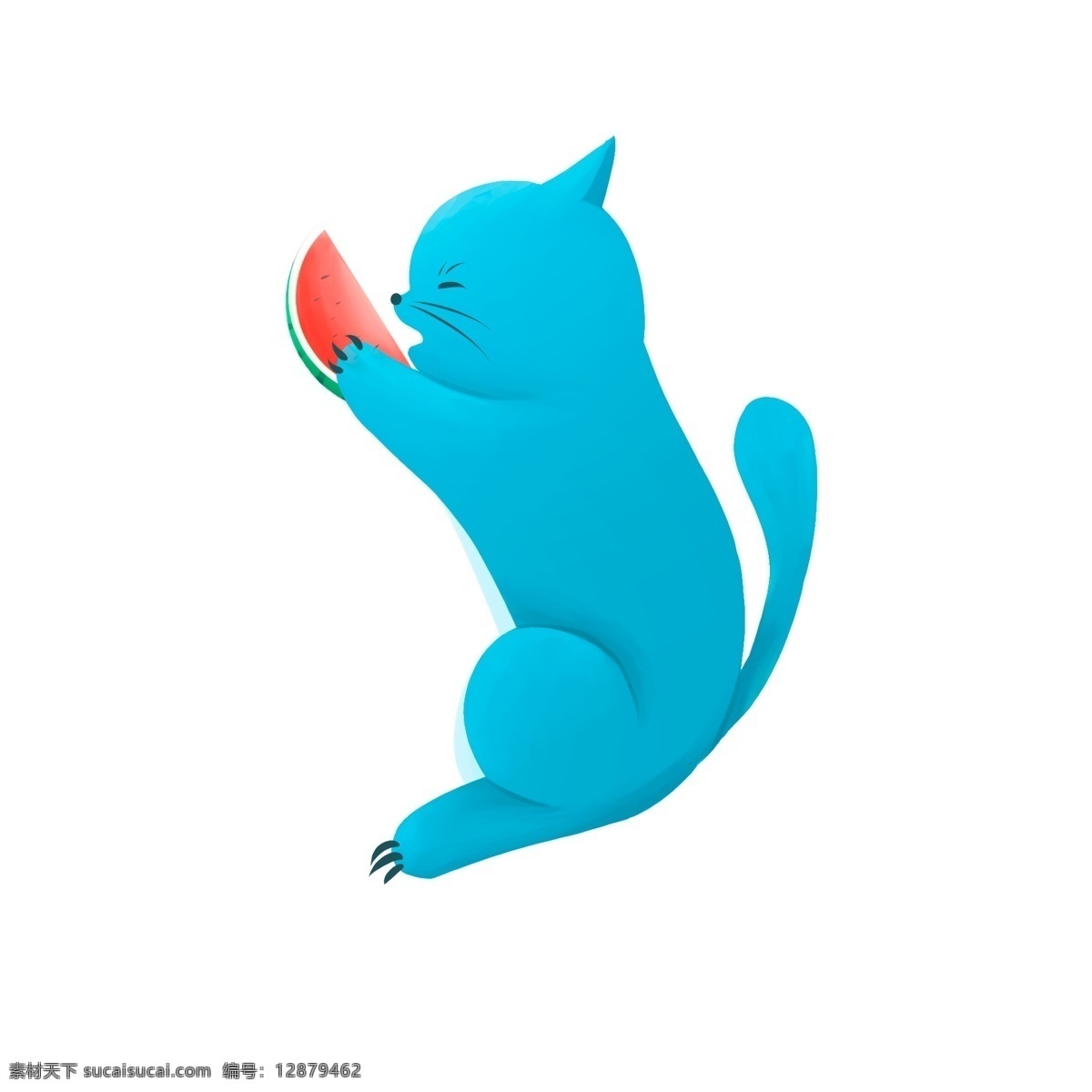 卡通 小 清新 吃 西瓜 猫 蓝色 猫咪 动物 插画 萌宠 夏季 吃西瓜