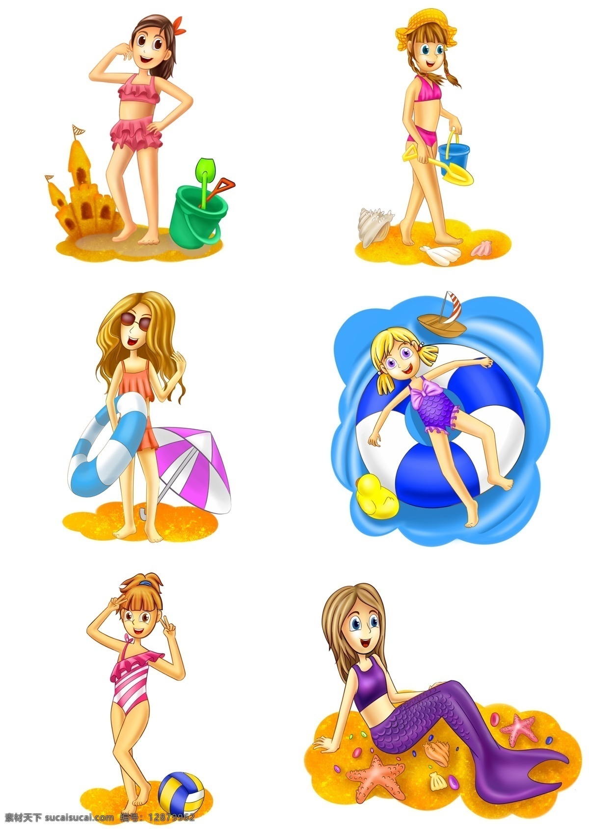 游泳 人物 插画 合集 游泳的小女孩 漂亮的小女孩 美人鱼插画 蓝色的水桶 卡通人物