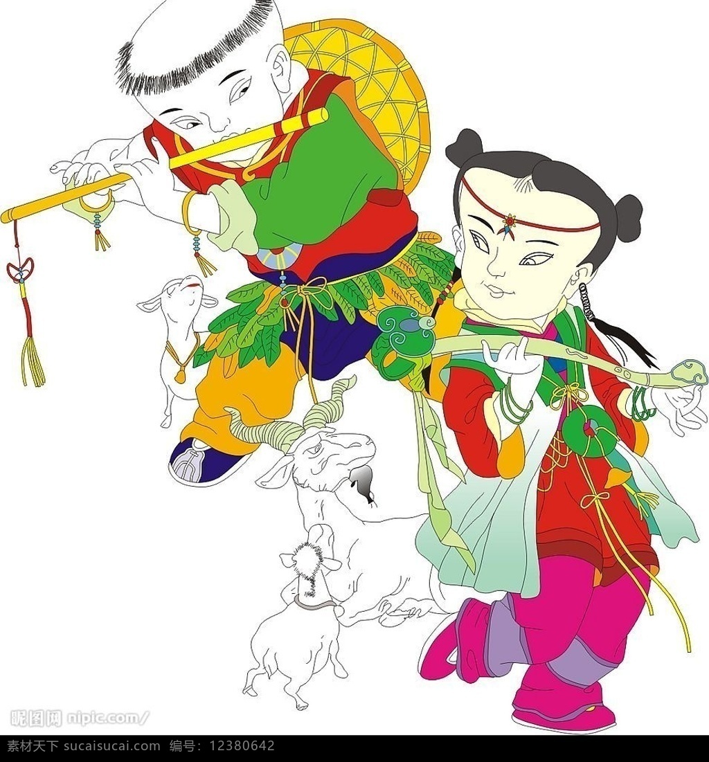 中国娃 放羊 年画 矢量图 新年 春节 节日素材 其他矢量 矢量素材 矢量图库