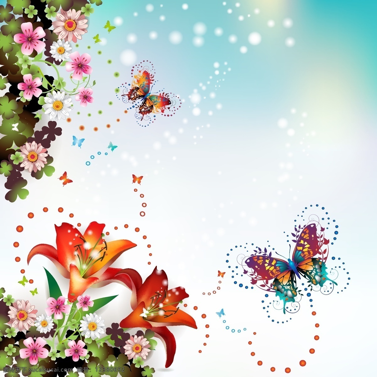 矢量 炫彩 蝴蝶 动感 花朵 背景 光斑 光晕 幻彩图片素材 绿草 线条 波动彩条 矢量图 花纹花边