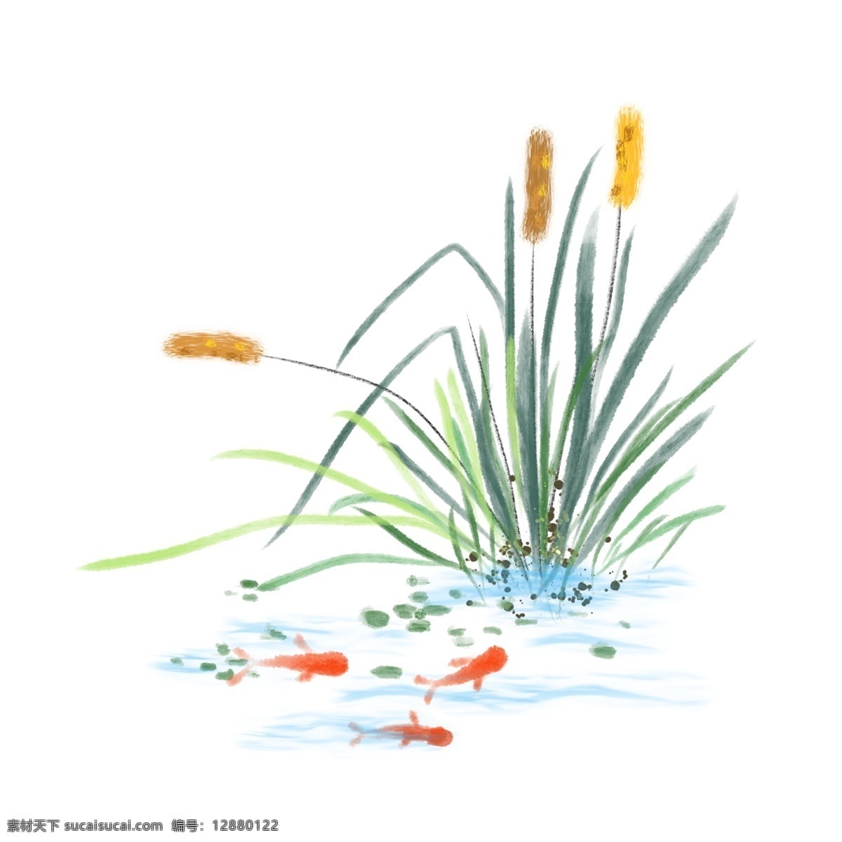 水墨芦苇插画 芦苇 金鱼 水波 水纹 水面 绿草 插画 风景 山河 山水 山水画 手绘 水墨 水墨风景 水墨画 中国风 中国风山水 唯美 写意